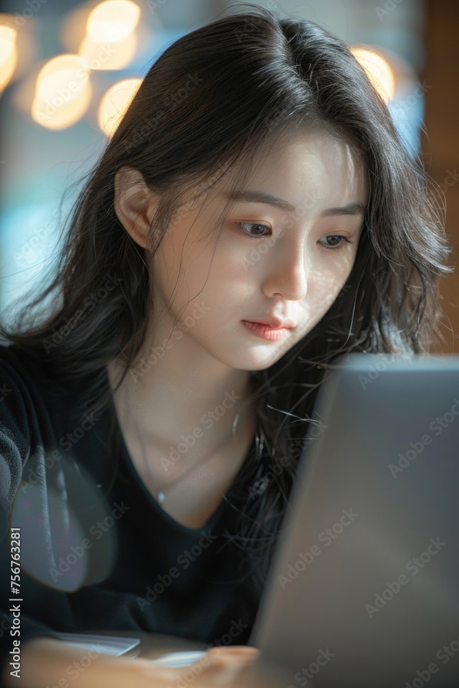 Poster woman sitting in front of a laptop computer. suitable for technology and remote work concepts