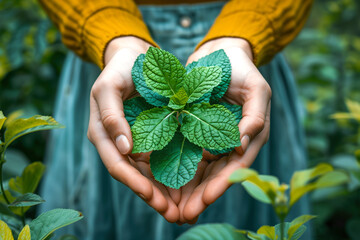 Hands holding mint plant tenderly