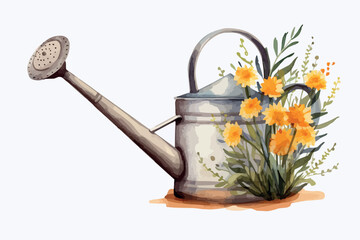 Watercolor composition of a garden watering can with pots and flowers. Romantic gardening theme. Composition for your design