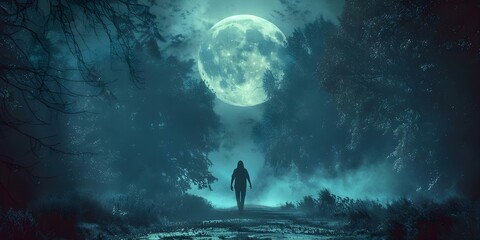 Spooky figure wanders through eerie woods under a full moon. Concept Spooky, Figure, Eerie Woods, Full Moon, Photography