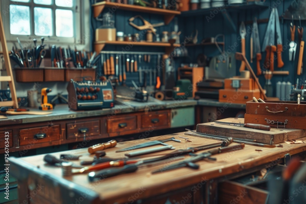Poster A wooden workbench with various tools on top. Ideal for DIY projects or carpentry concepts