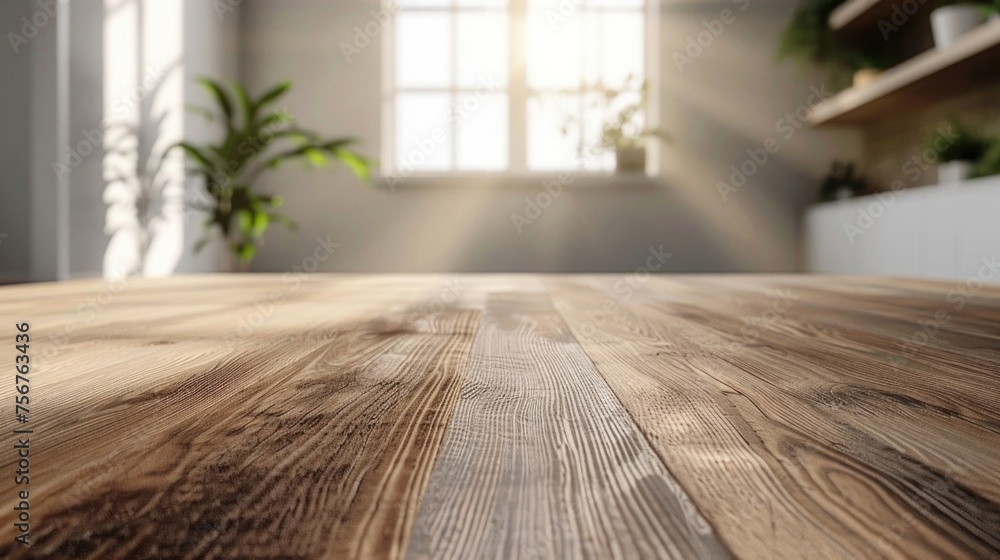 Poster A simple wooden table with a view of a window in the background. Suitable for various interior design concepts