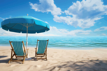 Beach chair and white umbrella on sand beach - obrazy, fototapety, plakaty