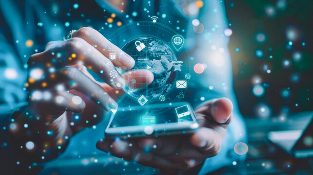 Hand holding smartphone with payment icons floating above the screen, including a digital globe and financial symbols, symbolizing business transactions.