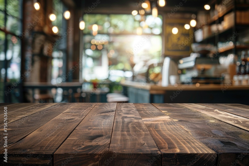 Poster A wooden table positioned in front of a window. Suitable for home decor concepts