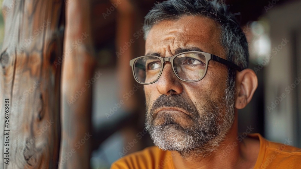 Poster A man with glasses and a beard staring at the camera. Suitable for business and professional concepts