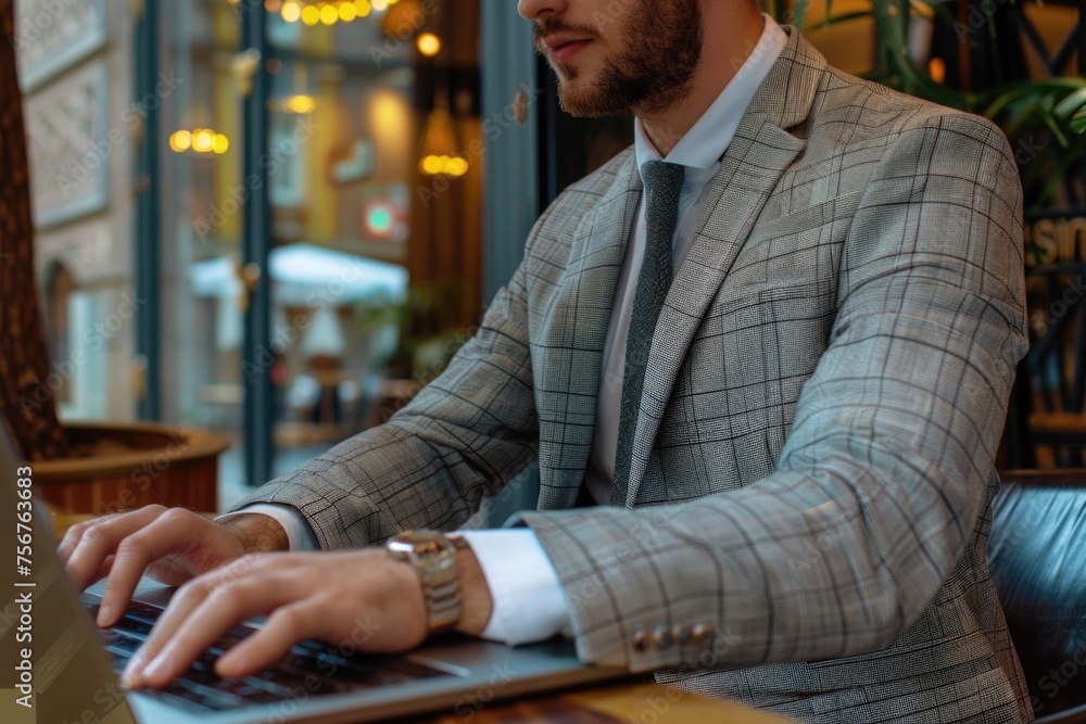 Poster a man in a suit typing on a laptop. suitable for business concepts