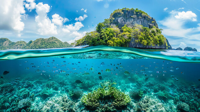 Split view of sea water with fish swimming underwater and tropical island on top 