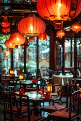 Interior of a restaurant with red lanterns hanging from the ceiling. Perfect for culinary and dining concepts