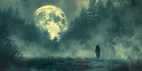 Mysterious Entity Roams Through Haunting Forest in Moonlight. Concept Mysterious Entity, Haunting Forest, Moonlight, Paranormal Encounter, Dark Woods - obrazy, fototapety, plakaty