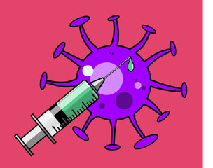 Medical disposable syringe filled with vaccine and virus cell cartoon style isolated vector illustration
