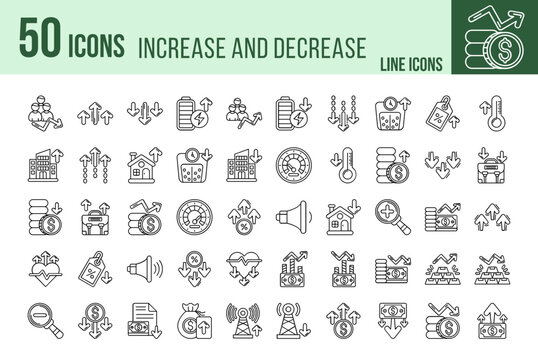 Set of 50 Increase and Decrease line icons set. Increase and Decrease outline icons with editable stroke collection.