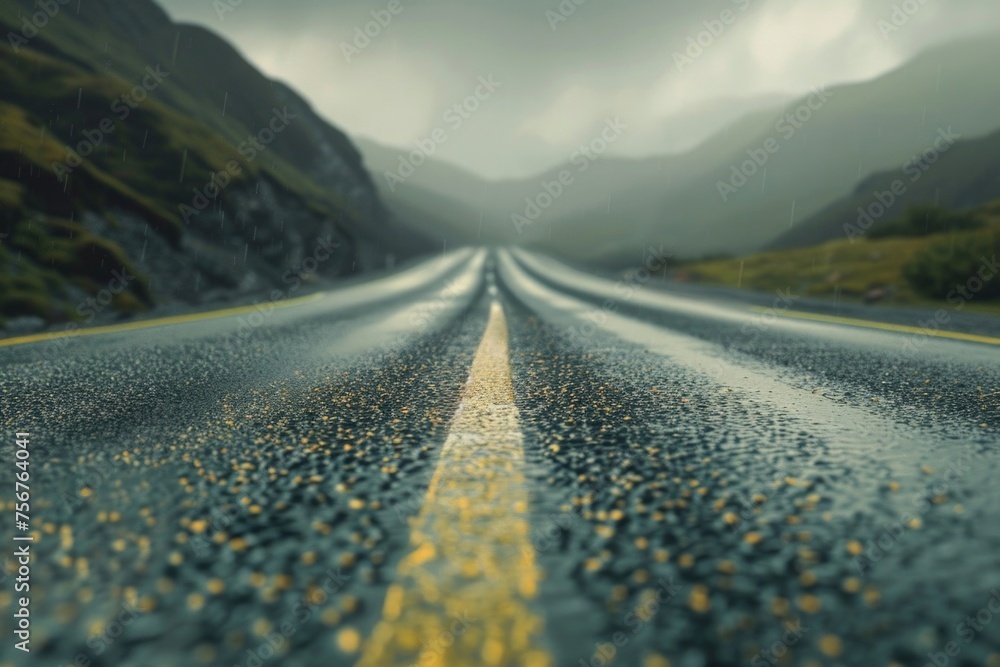 Poster a wet road with mountains in the background. suitable for travel and landscape concepts
