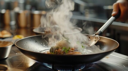 Kitchen scene with cooking frying pan, suitable for culinary concepts