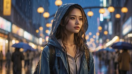 Beautiful young girl in a raincoat stands in the middle of a night street during the rain