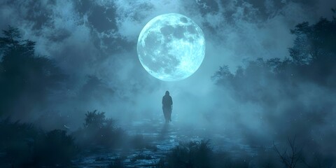 Mysterious figure roams through eerie woods under the light of a full moon. Concept Mysterious figure, Eerie woods, Full moon, Night photography