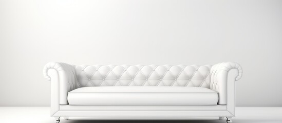 A comfortable white studio couch, also known as a sofa bed, is placed in front of a white rectangular wall in a room, creating a clean and modern aesthetic - obrazy, fototapety, plakaty