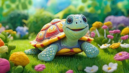 Una simpática y alegre tortuga hecha de plastilina colorida con tema infantil - obrazy, fototapety, plakaty