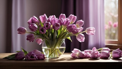 Glass vase containing a bouquet of splendid purple tulips