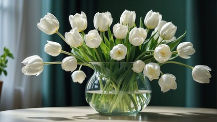 Glass vase containing a bouquet of splendid white tulips