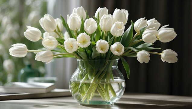 Glass vase containing a bouquet of splendid white tulips