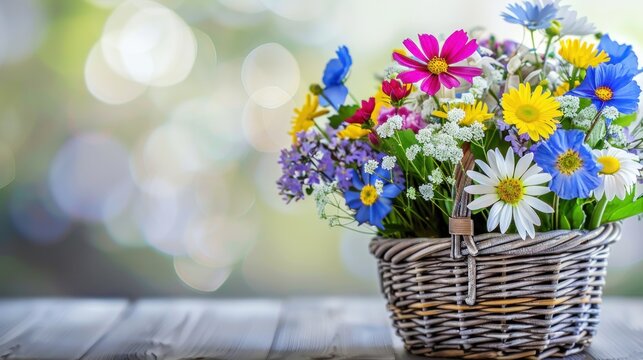 a basket filled with lots of colorful flowers on top of a wooden table in front of a blurry background.