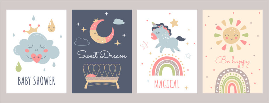 Boho baby posters in Scandinavian style. Baby shower templates with cute sun, rainbow, cloud, unicorn, cradle and moon. Bohemian nursery decor for kids room. Print wall art with hand lettering quotes.