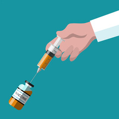 Closeup doctor hand holding syringe and filling it with vaccine vector illustration isolated