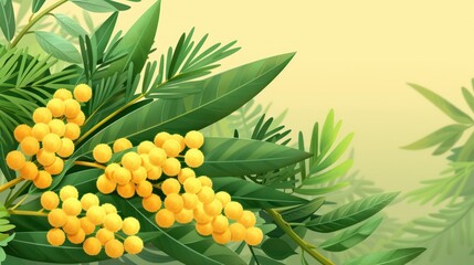a painting of a bunch of yellow berries on a tree branch with green leaves and a yellow wall in the background.