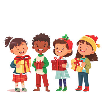 Happy children receive gifts at Christmas or New Year festival on white background