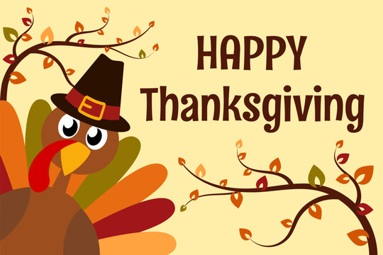 Happy Thanksgiving Day. Funny cartoon character turkey bird in pilgrim hat background wallpaper card. Vector illustration