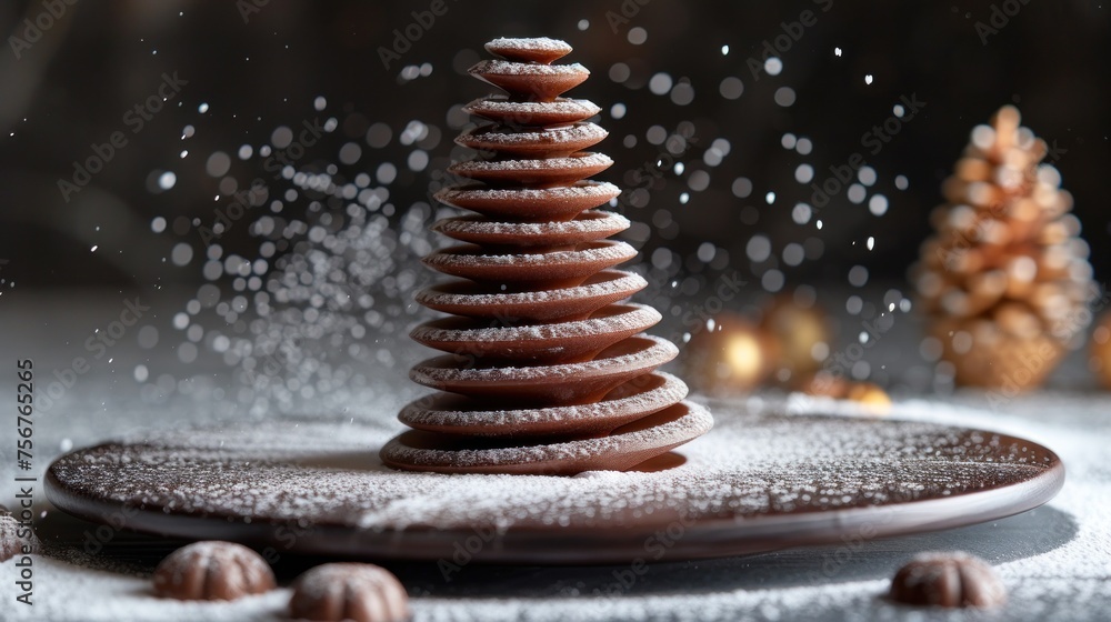 Poster a close up of a plate of food with a christmas tree made of cookies and powdered sugar on it.