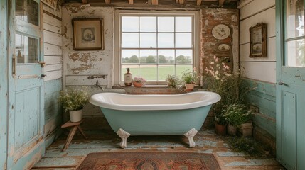 a bathroom with a claw foot tub in the middle of the floor and a rug in the middle of the floor.