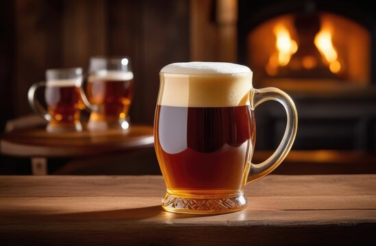 Amber beer in mug with frothy head on table of bar, fireplace of cozy tavern in background.