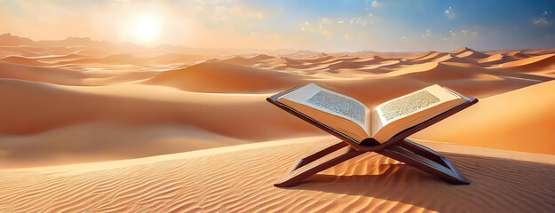 An open quran book stands alone in a vast desert expanse. Literature endures in a barren, sandy scene, symbolizing knowledge. Panorama with copy space. - obrazy, fototapety, plakaty
