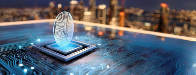 Fingerprint biometric technology over a cityscape. Security concept with digital identification. Verification system and cyber security. Panorama with copy space.