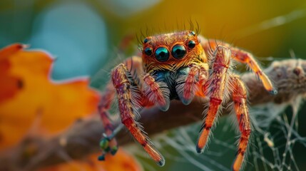A close-up of a red jumping spider weaving a web on a branch - obrazy, fototapety, plakaty