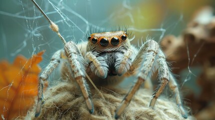 Jumping spider close up in nature. Macro photography of jumping spider - obrazy, fototapety, plakaty