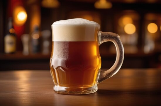 closeup on mug of amber beer with frothy head on bar counter, blurred bottles in background.