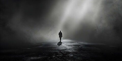Navigating Darkness: A Solitary Figure Embracing Surreal Loneliness and Mystery. Concept Darkness, Solitude, Mystery, Surreal, Loneliness - obrazy, fototapety, plakaty