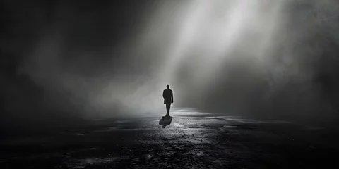 Fotobehang Navigating Darkness: A Solitary Figure Embracing Surreal Loneliness and Mystery. Concept Darkness, Solitude, Mystery, Surreal, Loneliness © Ян Заболотний