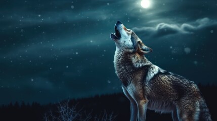 wolf howl on a rock at night in forest background