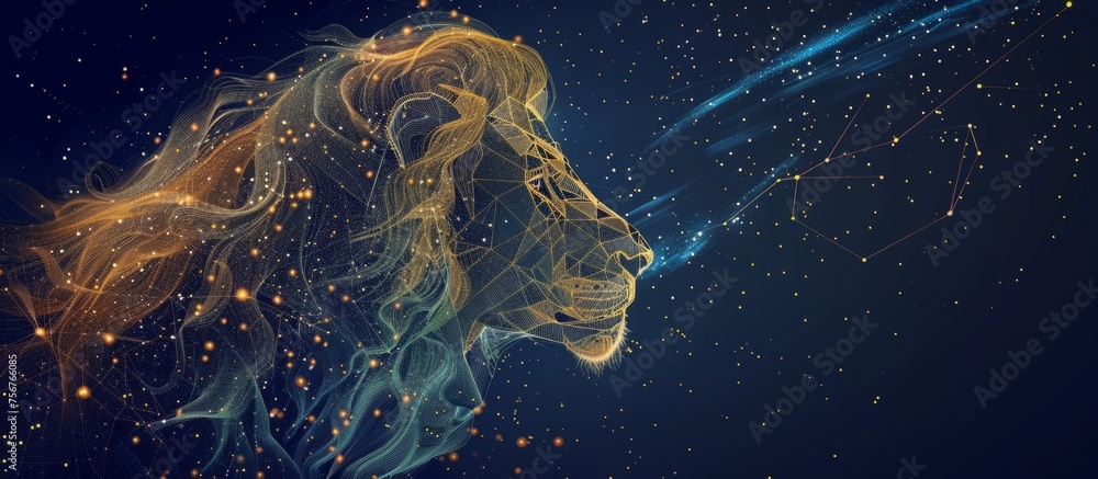 Poster a lion made of lines and dots the background is dark blue with stars generative ai