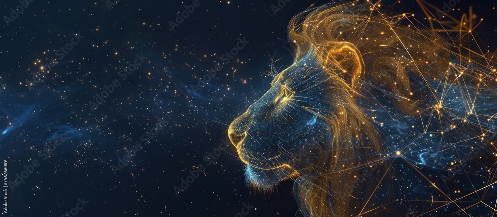 Poster a lion made of light and connected lines stars in the background deep space blue and gold colors gen