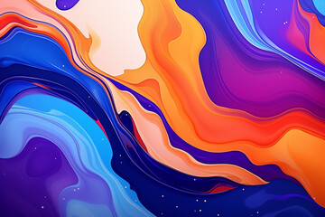 Vibrant and abstract background featuring fluid art. Trendy neon gradient in orange with a marble effect in purple, orange and blue. A stylish backdrop for websites, postcards, and notebooks. - obrazy, fototapety, plakaty