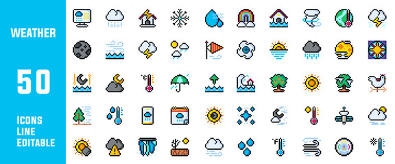 50 Weather Icons Set Line Editable Vector Illustration 
