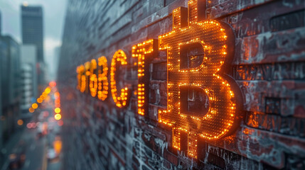 3D Bitcoin text logo on the vertical industrial city wall