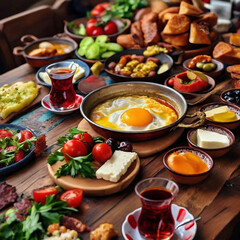 Traditional Turkish Breakfast with fried eggs, ham, bread, vegetables, cheese and fruits served with turkish tea on table. 