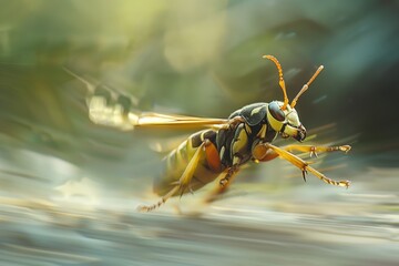 flying wasp with a heavy motion blur background