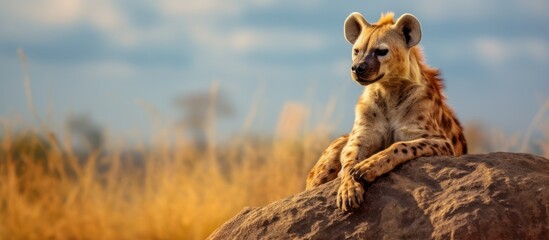 a view hyena rest in savanna background - obrazy, fototapety, plakaty